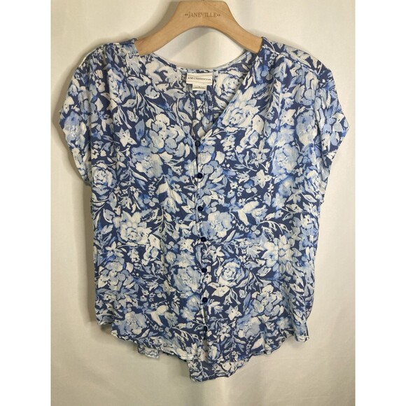 Liz Claiborne Tops - Liz Claiborne Summer Blouse Peasant L Blue Floral Top Button Up Sheer V-Neck